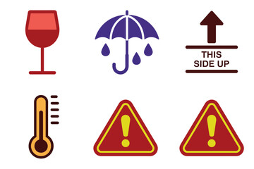 Package handling symbols set, fragile wine glass, keep dry umbrella, side up arrow, temperature warning, caution triangle labels