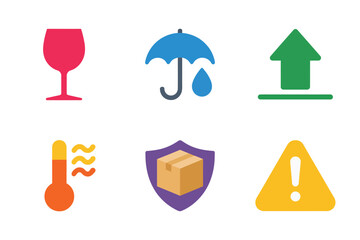 Freight caution icons set, fragile glass symbol, umbrella rain, upward arrow, heat thermometer, danger triangle, shipping safety vector