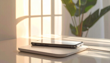 Modern smartphone charging on sleek wireless pad, soft ambient lighting, clean minimal tech setup