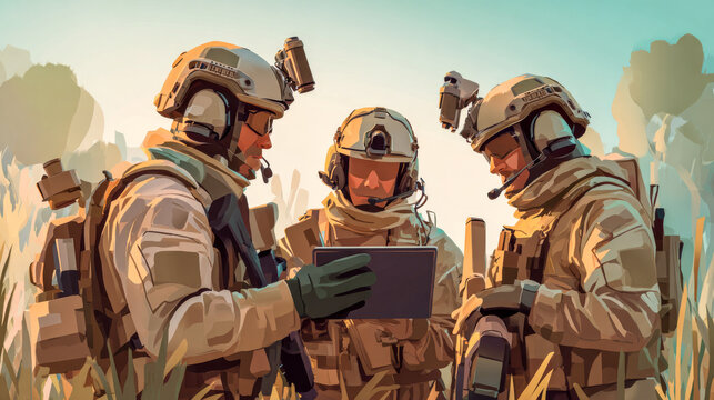 Three soldiers review drone data on tablet. Drone operator team.