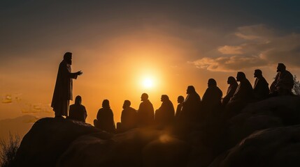 Jesus delivers the Sermon on the Mount at sunrise. Silhouetted against a golden sky, He teaches His disciples and followers on a rocky hillside in peaceful silence.