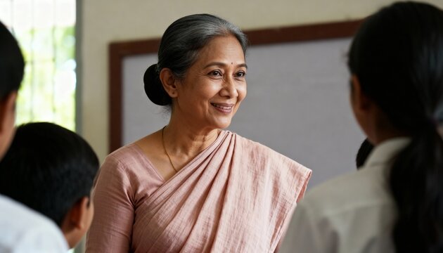 A senior Indian female teacher smiling at her students in a classroom. Experienced educator in a traditional sari. Education and mentorship concept