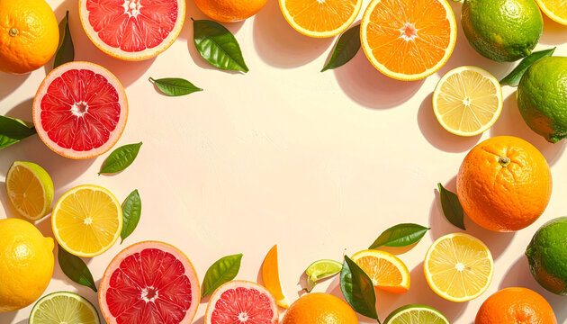 Top-down arrangement of colorful citrus fruits on bright clean background, crisp detail