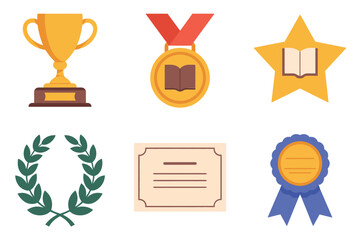 Scholastic honor icons, golden trophy, medal with book, star shaped badge, laurel wreath, framed certificate, blue ribbon award