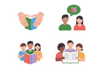 Reading community illustration, caring hands with book, diverse students group, children studying together, education literacy support vector