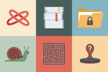 Bureaucracy delay tiles, tangled knot, towering paperwork stack, locked folder, snail icon, maze puzzle, question marker