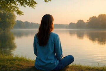 A serene early morning scene of a woman sitting quietly by a calm lake, wearing a soft blue shirt as sunlight gently illuminates her hair and the still water reflects the pastel sky, evoking peace and