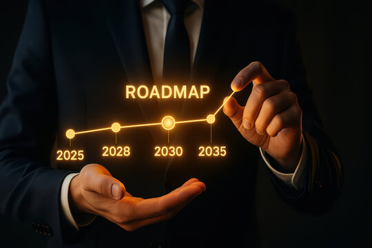 Roadmap timeline concept with glowing futuristic line graph and milestone years 2025, 2028, 2030, 2035 held by businessman in dark suit, symbolizing strategic planning and growth