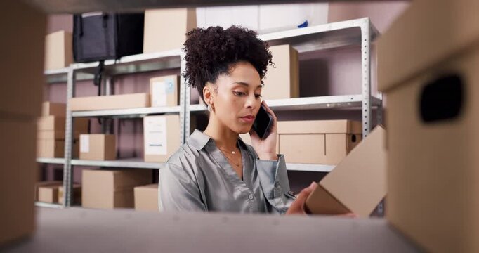 Ecommerce, stress or woman with phone call for inventory supplier, transport or delivery of wrong stock. Dropshipping, frustrated or entrepreneur at storage shelf with incorrect order, boxes or tech