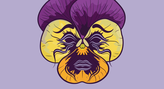 Artistic flower with purple and yellow petals on lilac backdrop