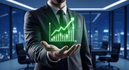 Businessman holds a glowing green upward trending stock market chart symbolizing financial success and growth in a modern office setting