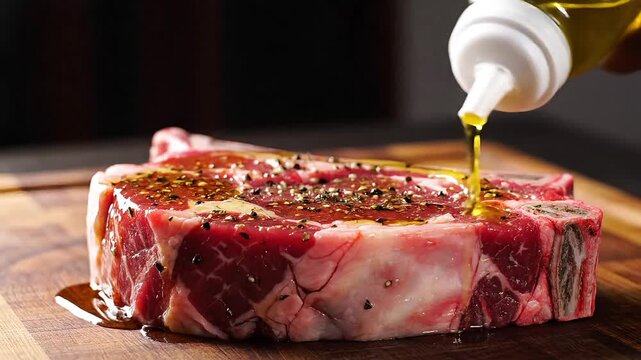 Pouring oil over a raw steak seasoned with pepper on a wooden cutting board close up view