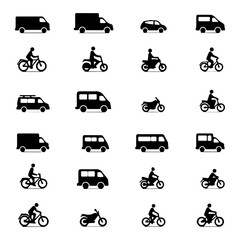 Transportation Icons Pack: Black Silhouettes of Vans, Cars, Motorcycles, and Bicycles for Web UI, Apps, and Digital Design