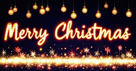 Festive greeting displays bright text, sparkling lights, ornaments. Dark background enhances vibrant holiday scene.
