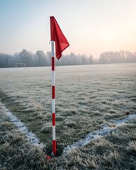 Naklejka premium Frosty football pitch with a red corner flag at sunrise.