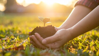 people hands planting small tree in sunset. concept save earth