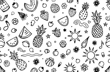 Monochrome Repeating Sketch Pattern of Food and Sun Icons