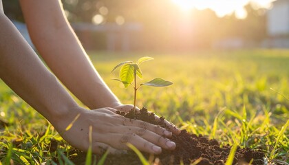 people hands planting small tree in sunset. concept save earth