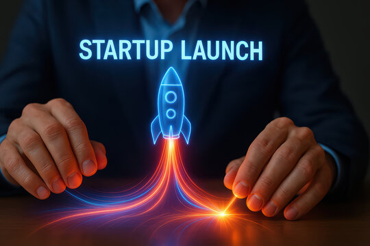 Startup launch concept with glowing rocket icon and colorful light trails held by hands, symbolizing new business growth and innovation in technology