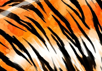 Vibrant Watercolor Tiger Stripe Pattern with Bold Black Lines on Orange Gradient Background
