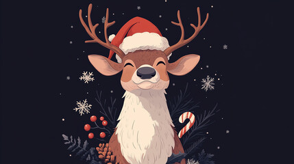 Cute reindeer wearing a Santa hat with festive decorations for Christmas celebrations