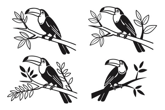 Minimalist icon set featuring a channel billed toucan in black and yellow