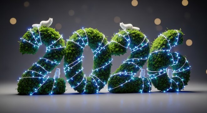 Festive New Year 2026 design with moss numbers arctic fox figures and bright string lights on a smooth grey background