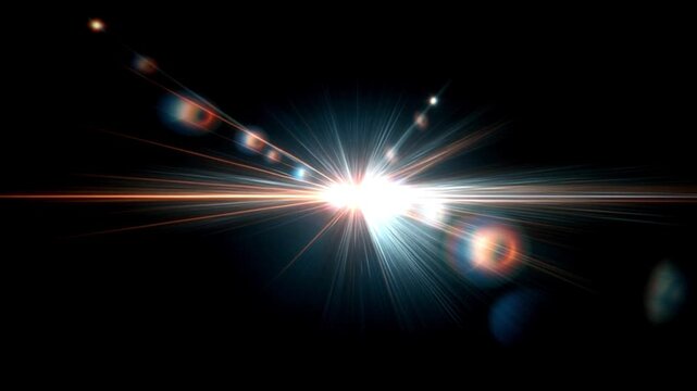 Easy to add lens flare effects for overlay designs or screen blending mode to make high-quality Abstract sun burst digital flare iridescent glare over black background