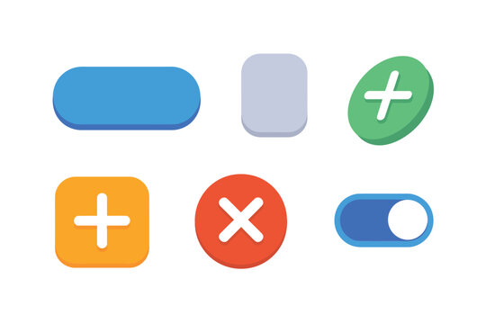 Detailed flat vector icons for interface design elements, showcasing toggle switch, timer, and control buttons.