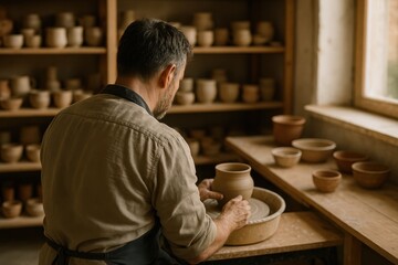 Male potter sitting at a spinning wheel shaping a clay pot in a workshop. The atmosphere is calm and creative, emphasizing manual labor. Ideal for craft and hobby themes.