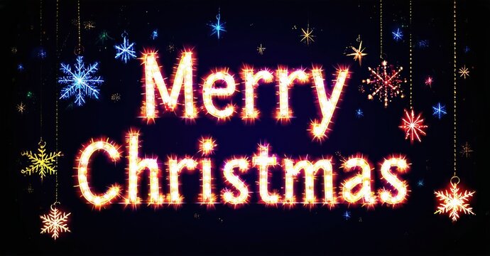 Festive greeting displays bright, sparkling text against dark background. Snowflakes, stars add holiday cheer.