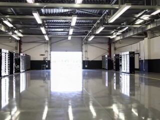 Clean Empty Racing Garage Interior with Open Door, Ultra HD