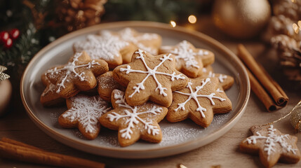 Fototapeta premium Festive gingerbread cookies decorated with icing and cinnamon placed on a silver platter during a holiday gathering