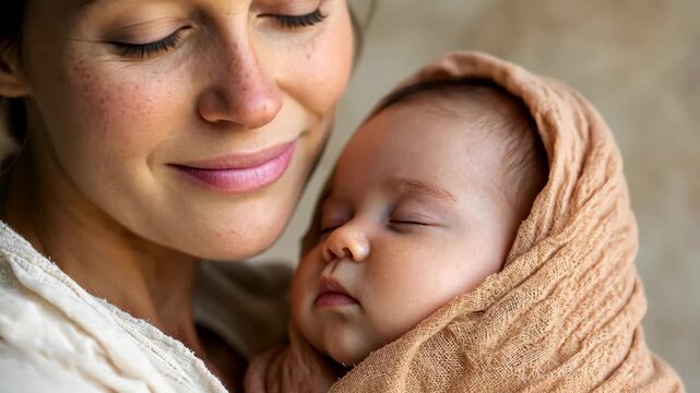 Tender mother embrace: nurturing moments with sleeping infant