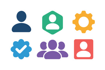Account interface symbols, person silhouette, hexagon user badge, cog settings, verified mark, community group, portrait id vector