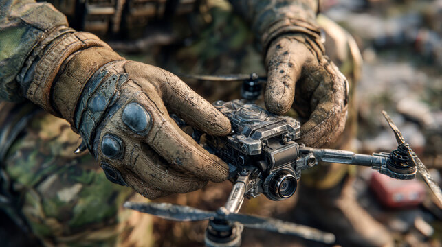 Military hands repair battlefield recon drone. Field repair combat uav.