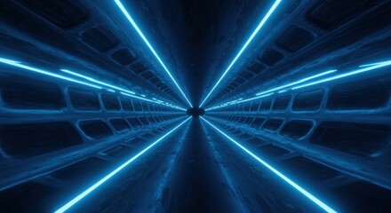 Symmetrical futuristic tunnel interior illuminated by bright blue glowing lines converging toward a central vanishing point