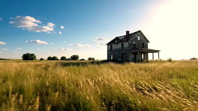 Overgrown field with an old, dilapidated house under a bright blue sky with white clouds