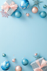 Christmas frame border. Gift boxes with pink bows, blue and rose gold ornaments, and sparkling stars on pastel blue table.