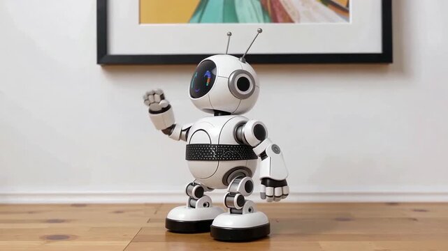A friendly, humanoid robot standing on a wooden floor in a modern indoor setting with a colorful artwork on the wall behind it