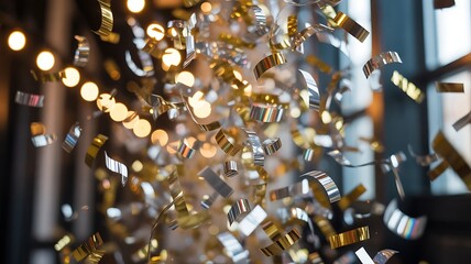 New Year's celebration with golden lights, glasses of wine and water, festive decorations.