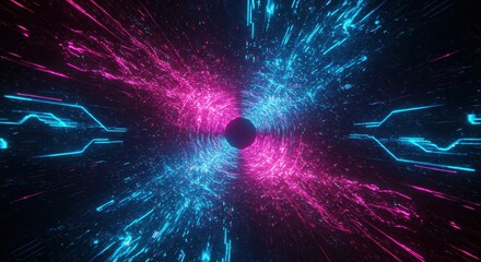 Digital energy streams rush through a dark void toward a central dark sphere