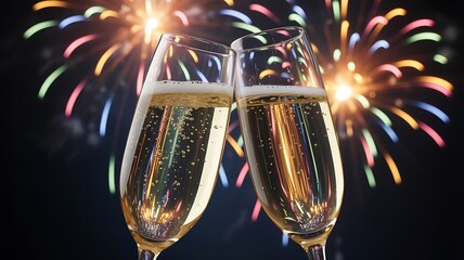 New Year Eve Fireworks Celebration with Champagne and Festive Toasts