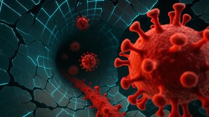 A vibrant digital illustration depicting a virus traveling through a futuristic tunnel, exploring microbiology concepts. - Powered by Adobe