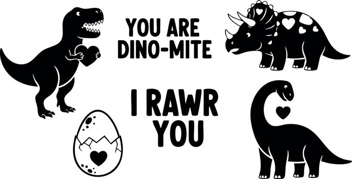 Cute dinosaur vector set with tyrannosaurus triceratops brachiosaurus and dinosaur egg with heart shapes and pun quotes