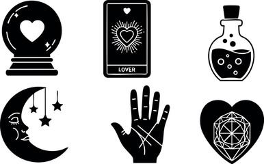 Mystic fortune telling icons heart love palm reading magic symbols vector illustration
