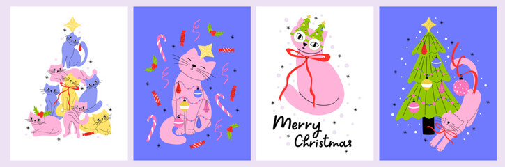 Cute Christmas Cat Greeting Cards – Hand-Drawn Holiday Kitty Illustrations, Winter Snow Backgrounds, Modern Pastel Xmas Card Set