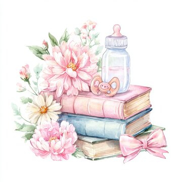 Decorative arrangement of baby items, books, and flowers on a soft background for nursery decor or baby shower theme