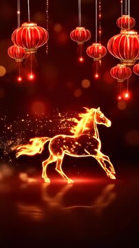 Celebratory animated display. See a fiery horse and Chinese lanterns. The year of the horse is approaching for China and the happy lunar calendar celebration in 2026