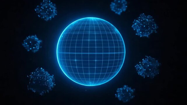 A digital illustration of a blue glowing sphere surrounded by abstract virus-like shapes, representing global health and technology. - Powered by Adobe